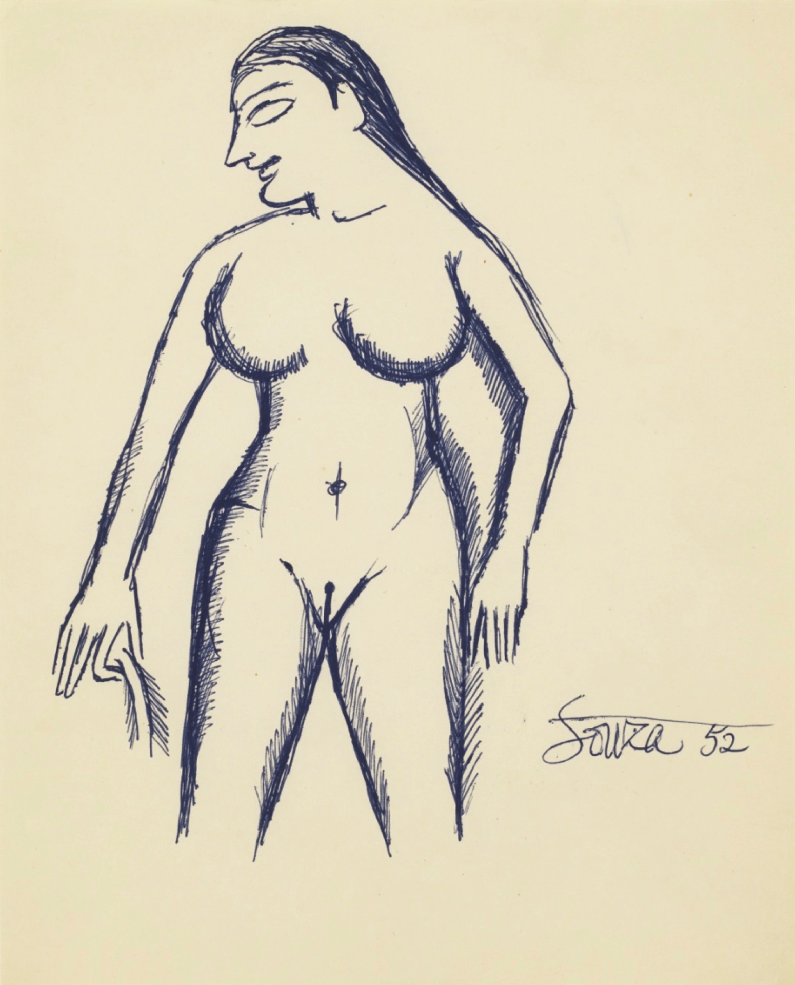 Souza, F.N. (Artist). Standing Blue Nude, 1952 | Drawing