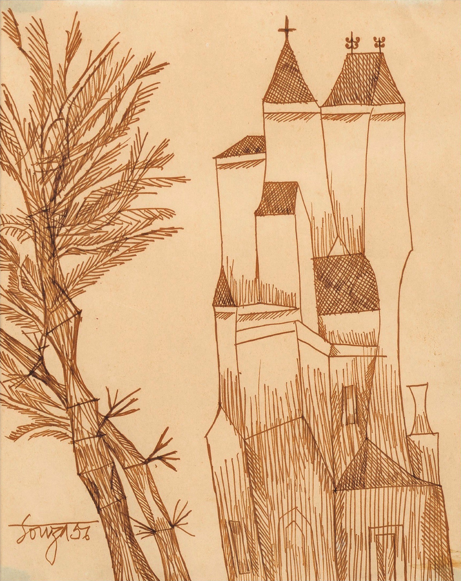 Souza, F.N. (Artist). Untitled (Townscape with Trees), n.d. | Drawing
