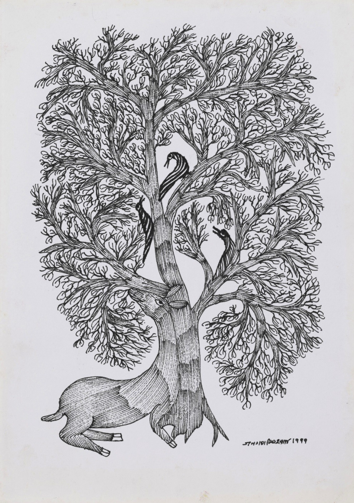 Jangarh Singh Shyam (Artist), Untitled (Deer and Birds) (Gond), 1999, Drawing