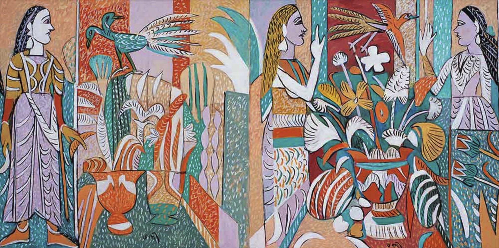 Subramanyan, K.G. (Artist). Figures With Mystical Birds (Diptych), 2015 | Painting, AG.Mum/23.06.26, 2026 · Asta Guru