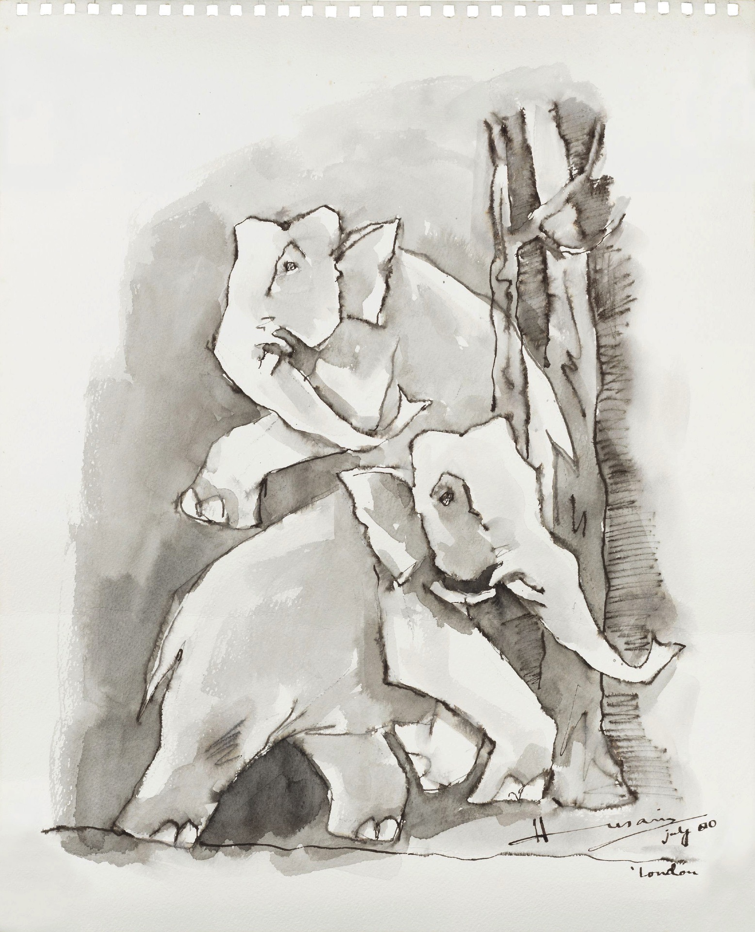 Husain, M.F. (Artist). Untitled (Two Elephants), n.d. | Drawing