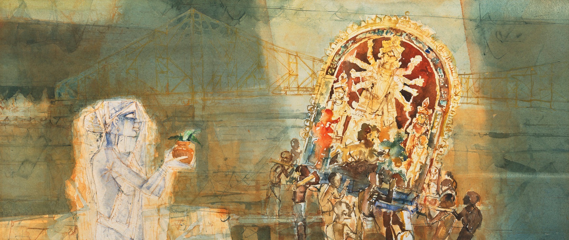 Ray, Shyamal Dutta (Artist). Untitled (The Durga Procession Crossing Howra Bridge, Calcutta), n.d. | Painting