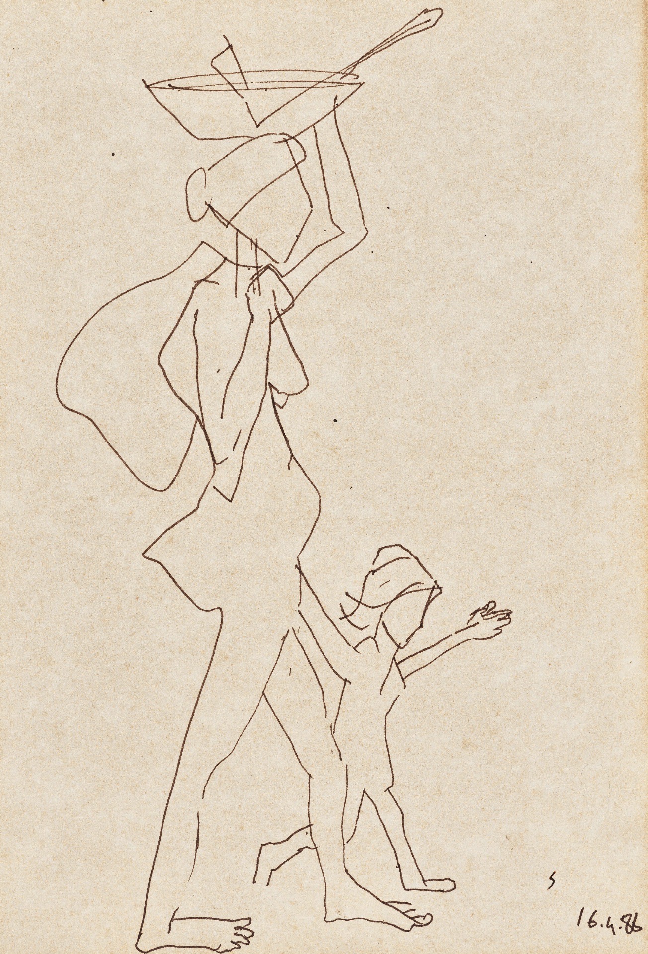 Somnath Hore (Artist), Untitled (Woman and Child), 1986, Drawing